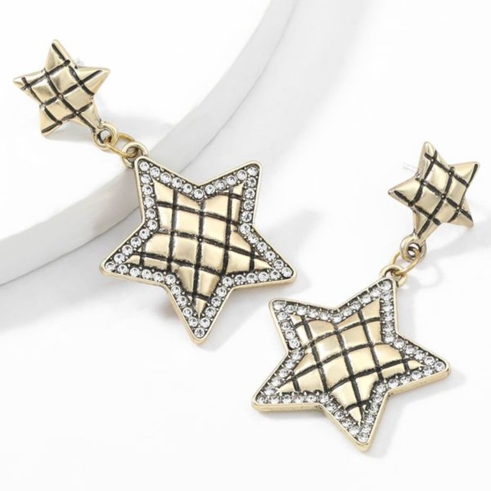 WINE-ONION Gold Diamond Gem Christmas Stars Holiday Stud Earrings